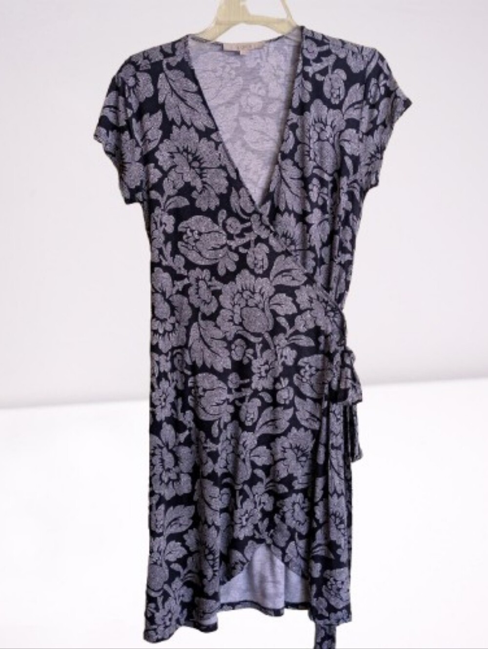 Loft White Navy Blue Floral Paisley Wrap Dress V-neck Slinky Stretchy XSP